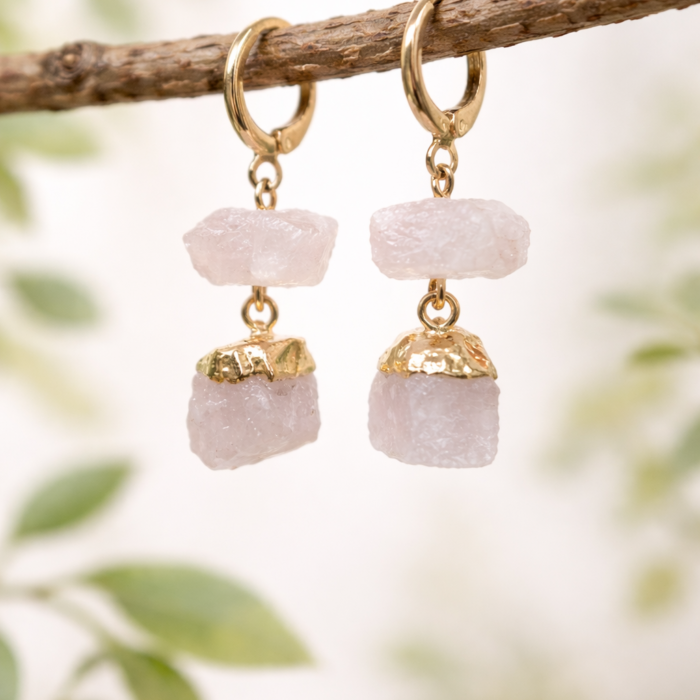 Brinco Quartzo Rosa Duas Pedras #2