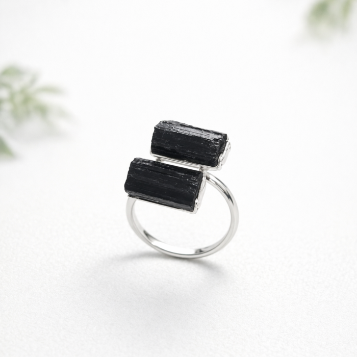 Anel Duas Pedras Turmalina Negra - Prateado