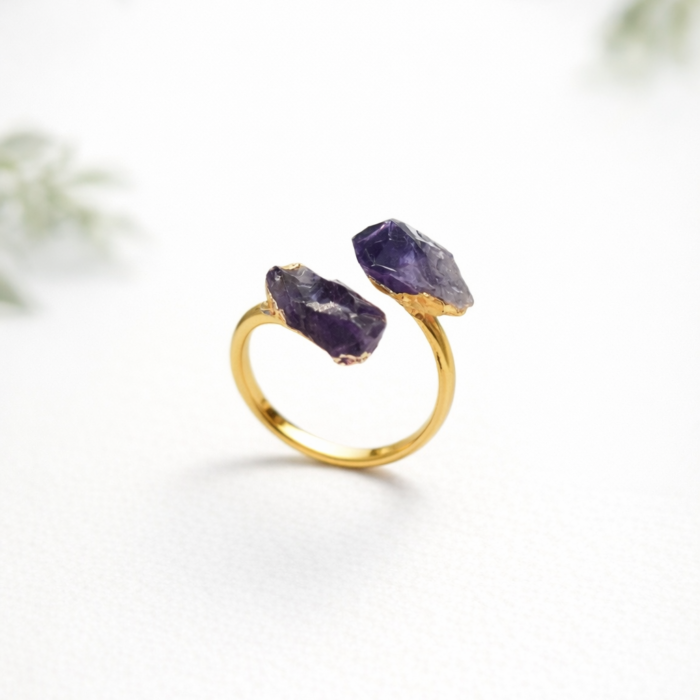 Anel Duas Pedras Ametista - Dourado