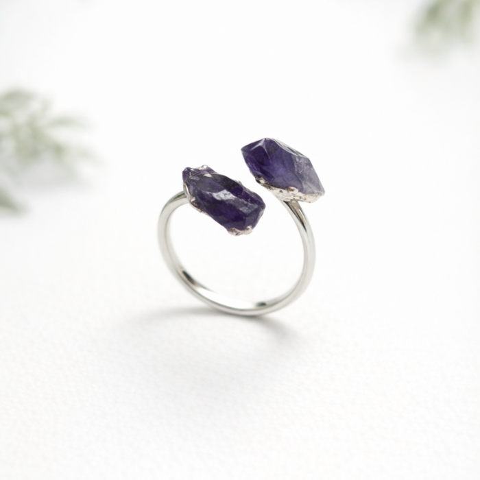 Anel Duas Pedras Ametista - Prateado