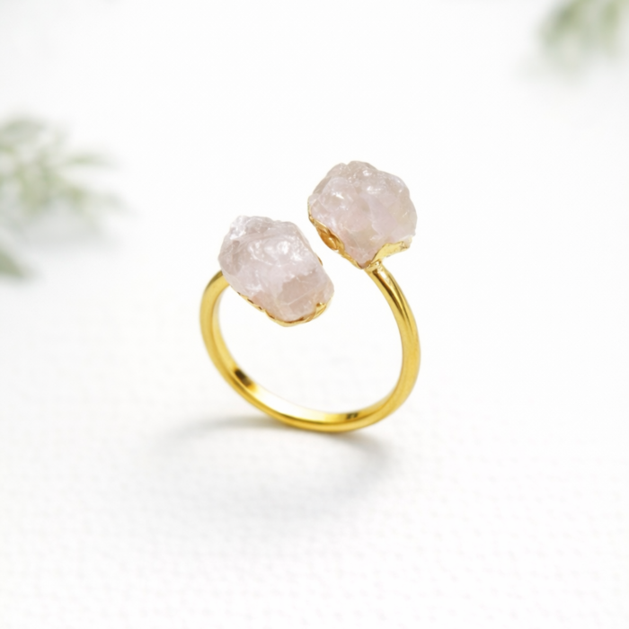 Anel Duas Pedras Quartzo Rosa - Dourado