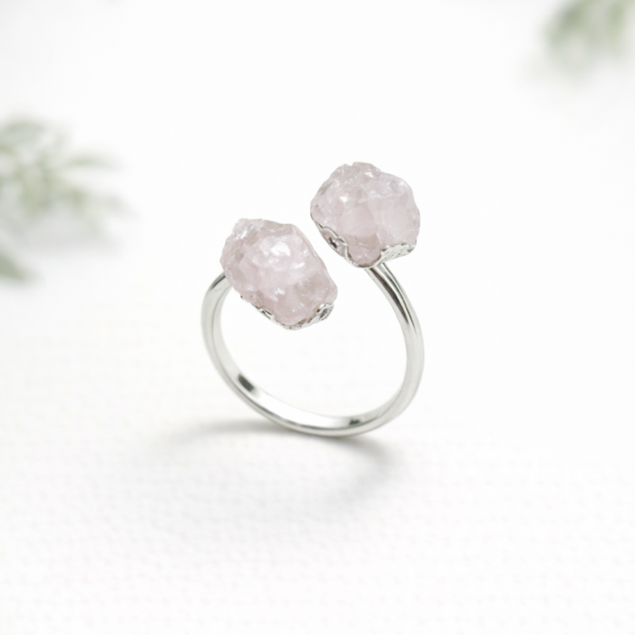 Anel Duas Pedras Quartzo Rosa - Prateado