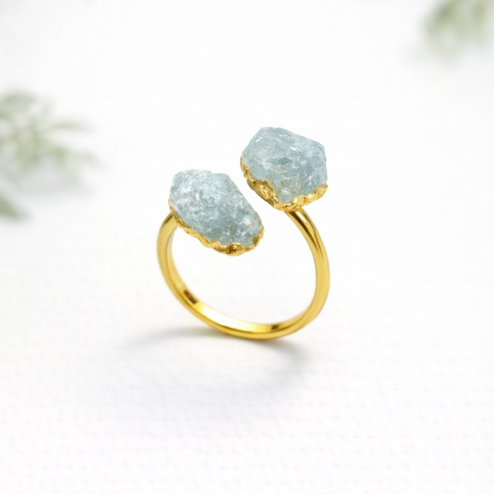 Anel Duas Pedras Água Marinha - Dourado