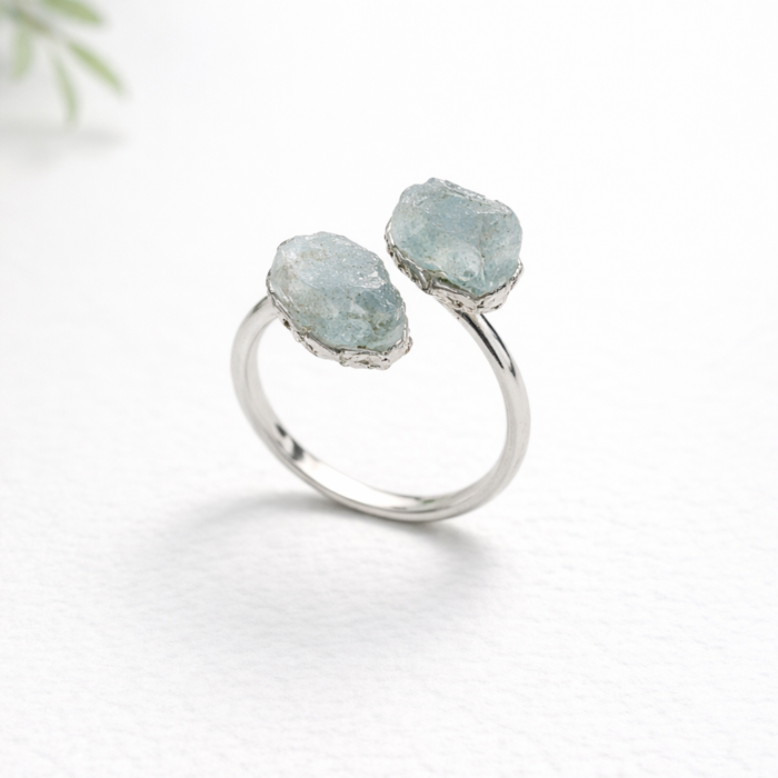 Anel Duas Pedras Água Marinha - Prateado