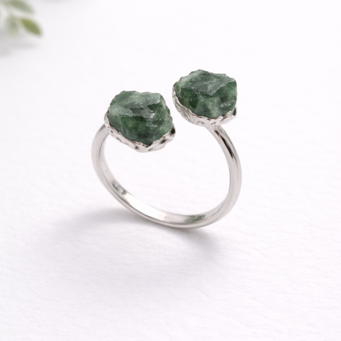 Anel Duas Pedras Quartzo Verde - Prateado