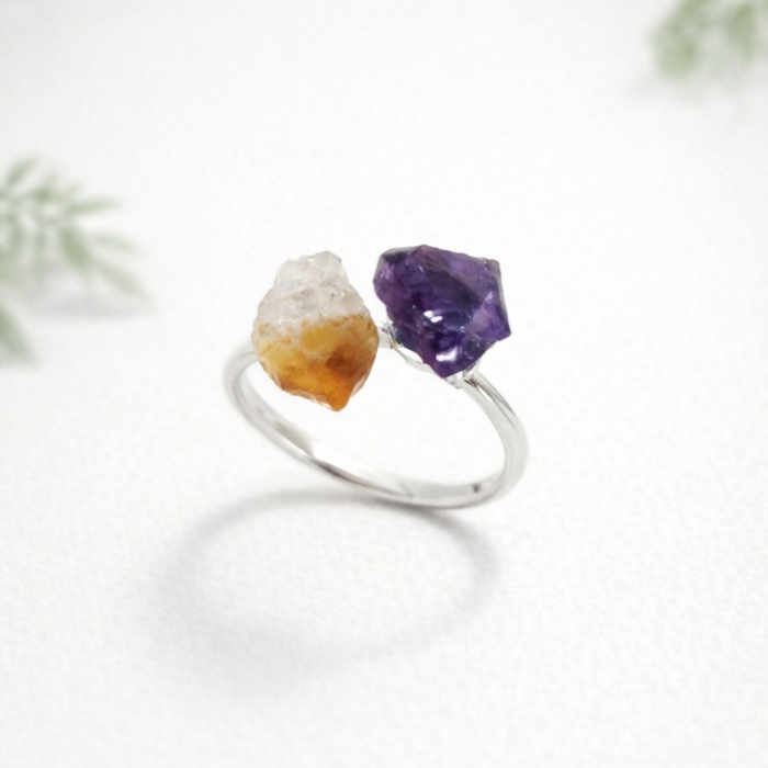 Anel Duas Pedras Citrino e Ametista - Prateado #18