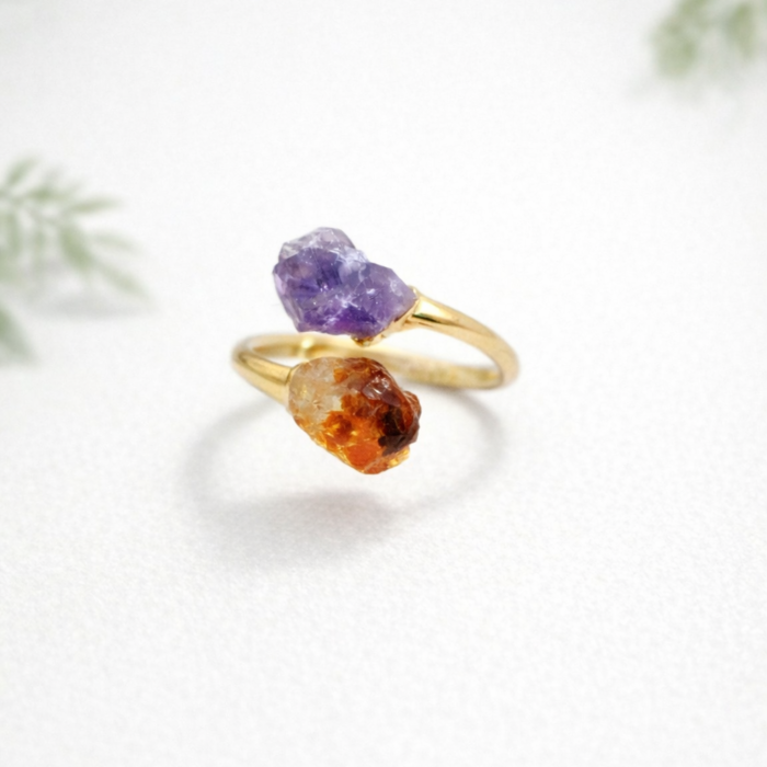 Anel Duas Pedras Citrino e Ametista - Dourado #17