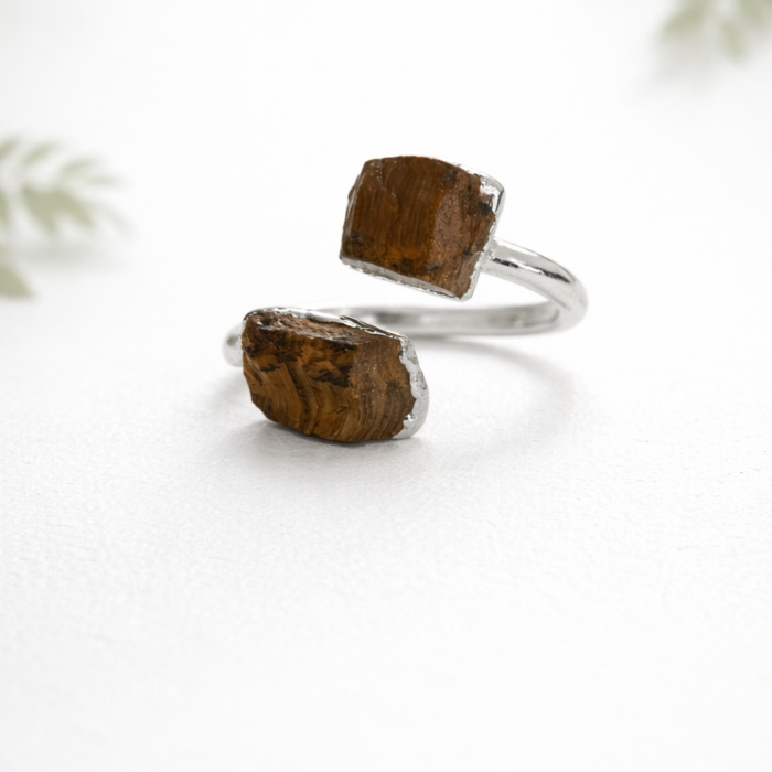 Anel Duas Pedras Olho de Tigre - Prateado #16