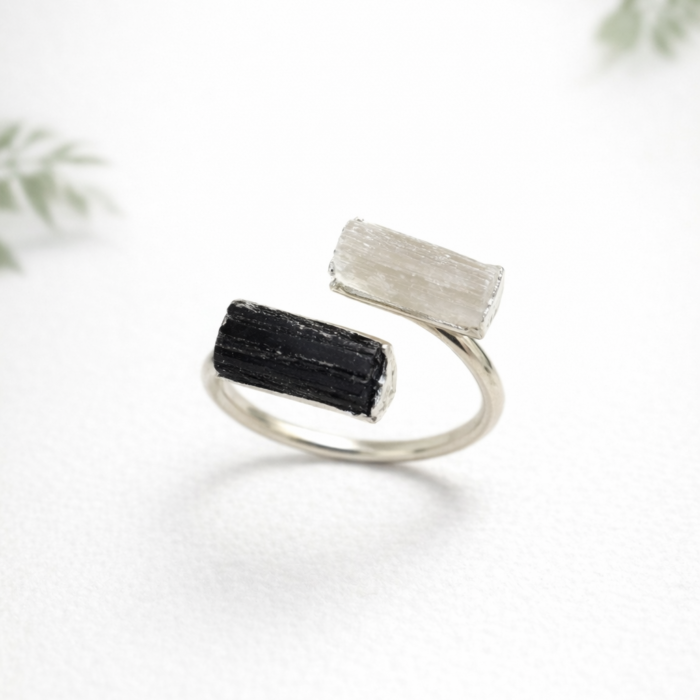 Anel Duas Pedras Turmalina Negra e Selenita - Prateado #20