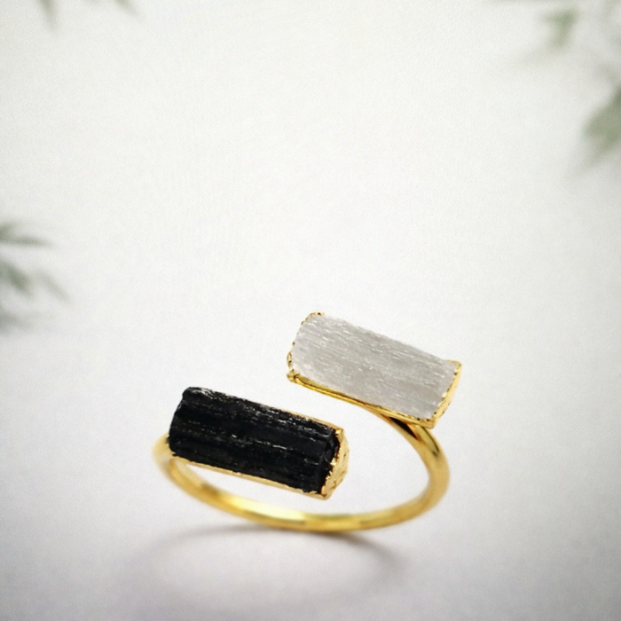 Anel Duas Pedras Turmalina Negra e Selenita - Dourado #19