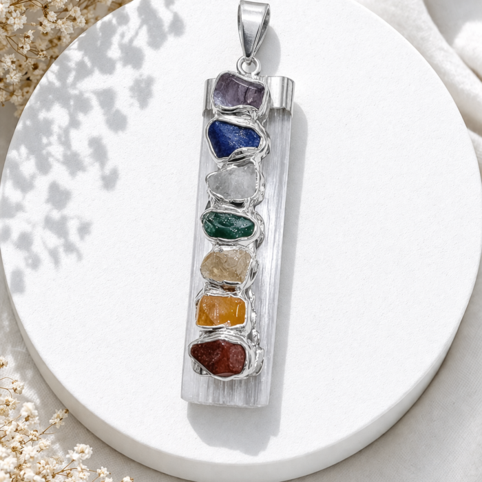 Pingente Selenita com Chakras - Prateado #2