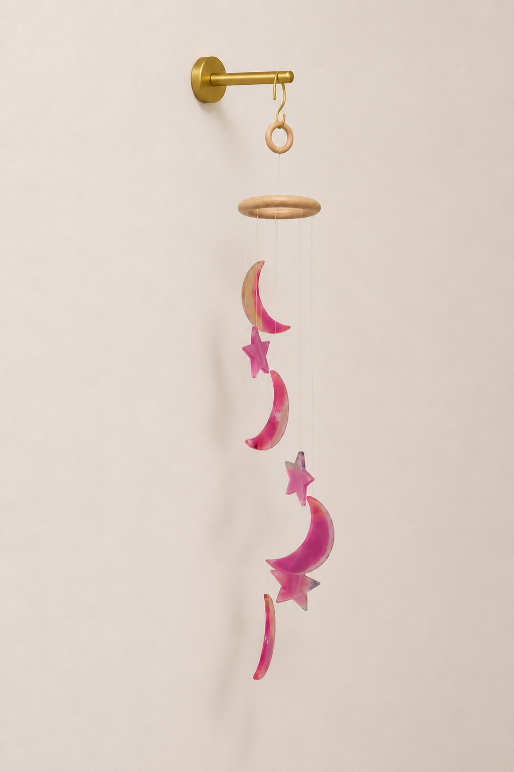 Sino dos Ventos – Lua e Estrela em Ágata Rosa Tingida